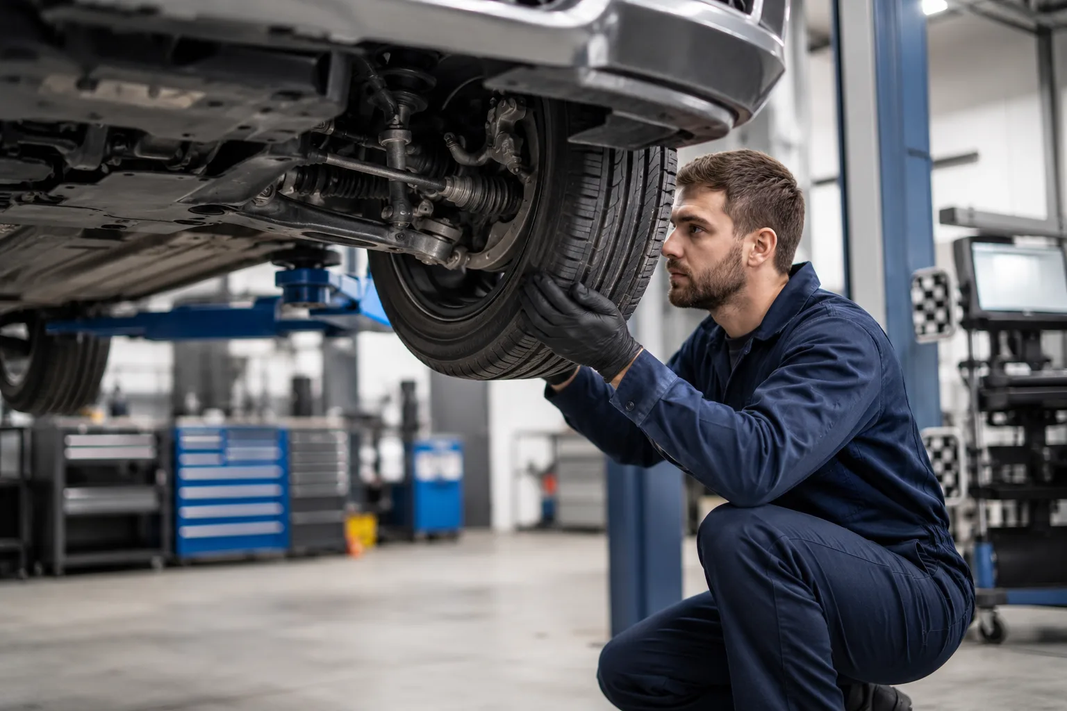 Mechanik sprawdzający geometrię kół przy podniesionym samochodzie w warsztacie